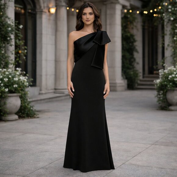 Betsy & Adam Dresses & Skirts - Betsy Adam Carmela One Shoulder Scuba Crepe Gown Satin Bow Black 12